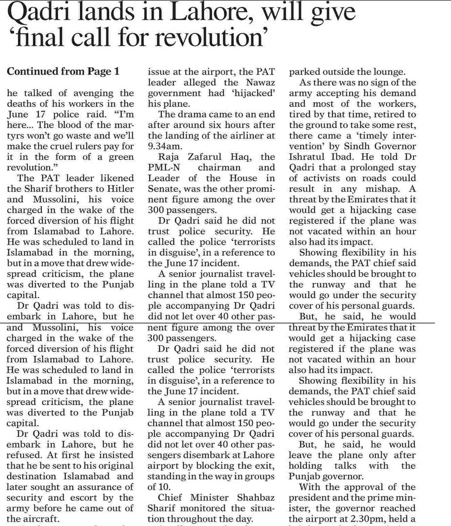 Minhaj-ul-Quran  Print Media CoverageDaily Dawn Page 1